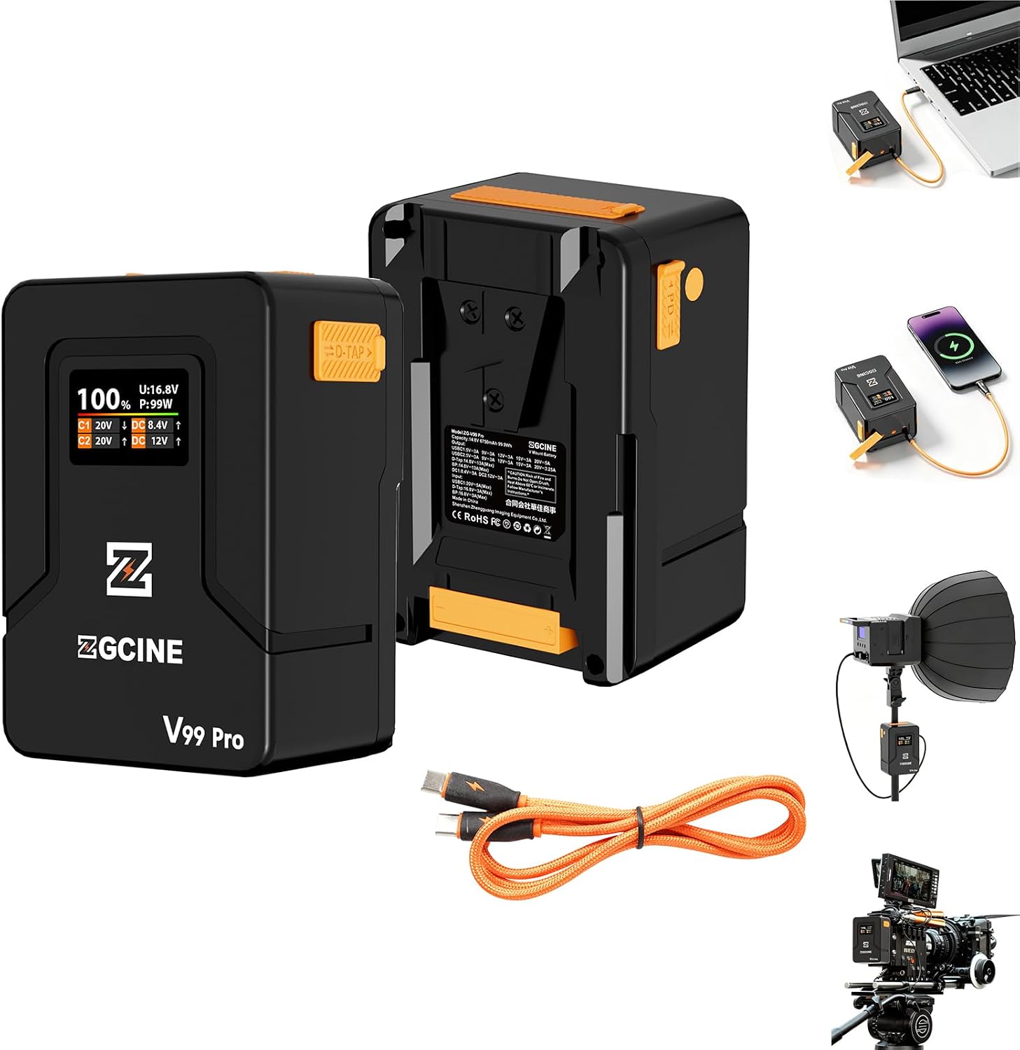 ZGCINE V99 Pro V Mount Battery,1.5H Hour Fast Charging with PD,6400mAh 94.72Wh 14.8V,with OLED Screen，BP/USB-C/D-TA/USB-C2 Ports,for Camera,Camcorder,Phone,Monitor,Video Light (Orange)