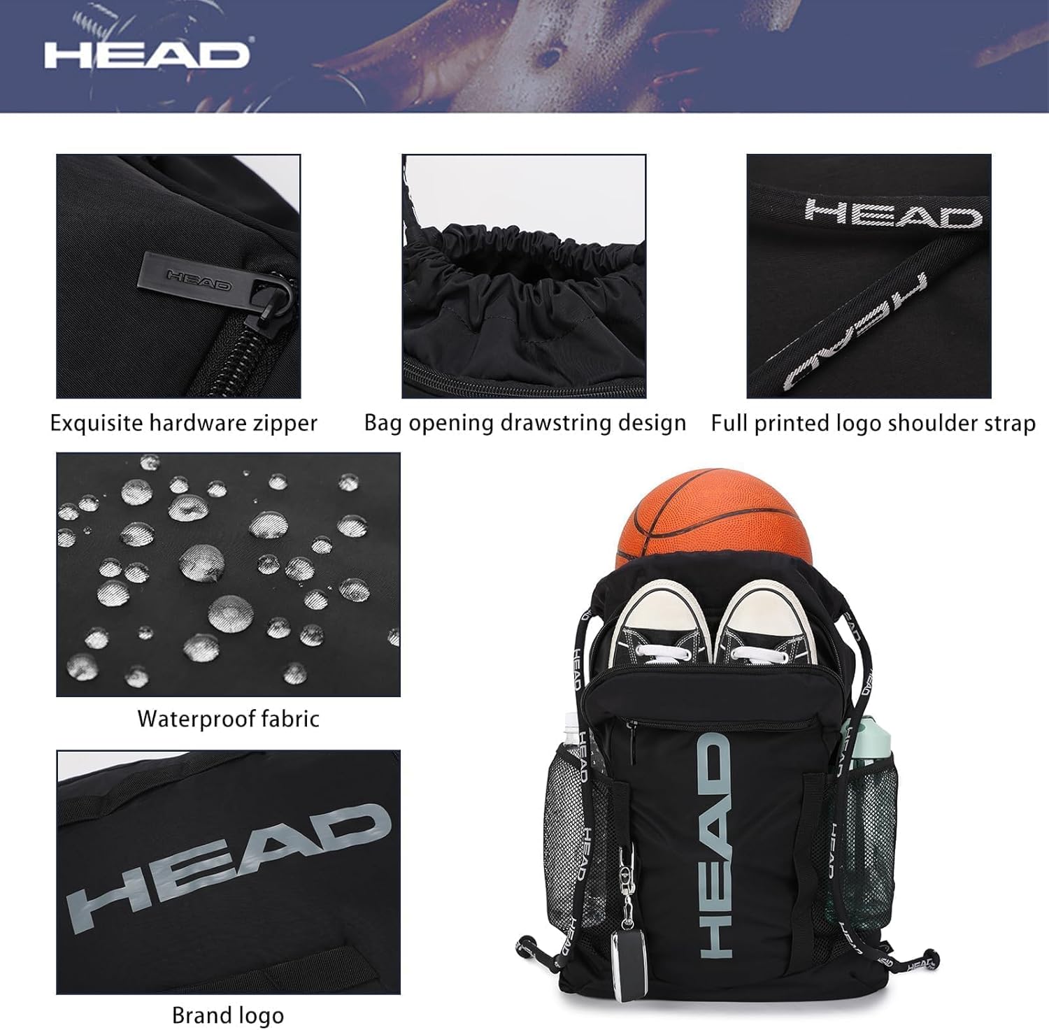 HEAD Waterproof Gym Sackpack for Sport with 2 Zipper Pockets, Large Drawstring Backpacks for Men with Side Pockets for Water Bottle - Image 8