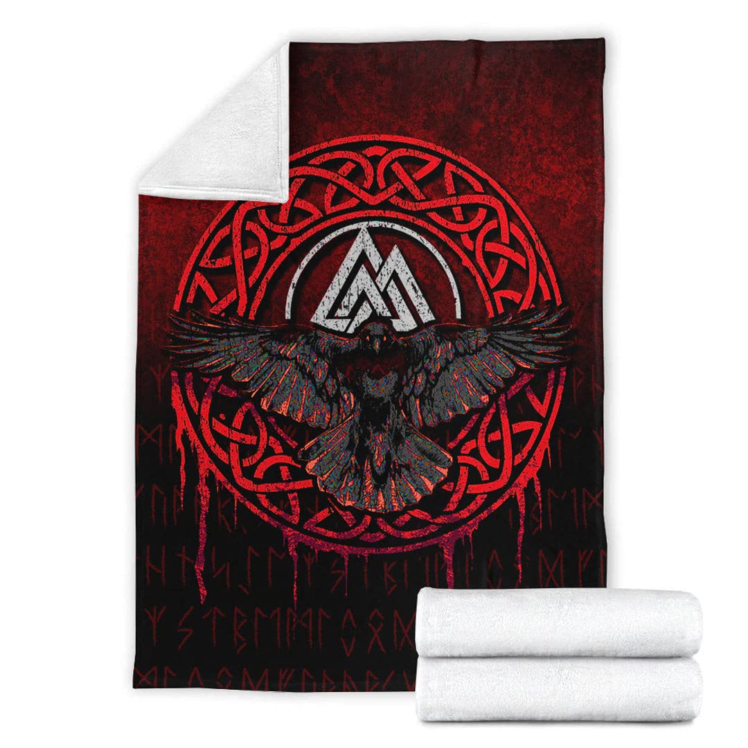 Couverture corbeau viking grand plaid polaire totem valknut rouge pour canapé lit