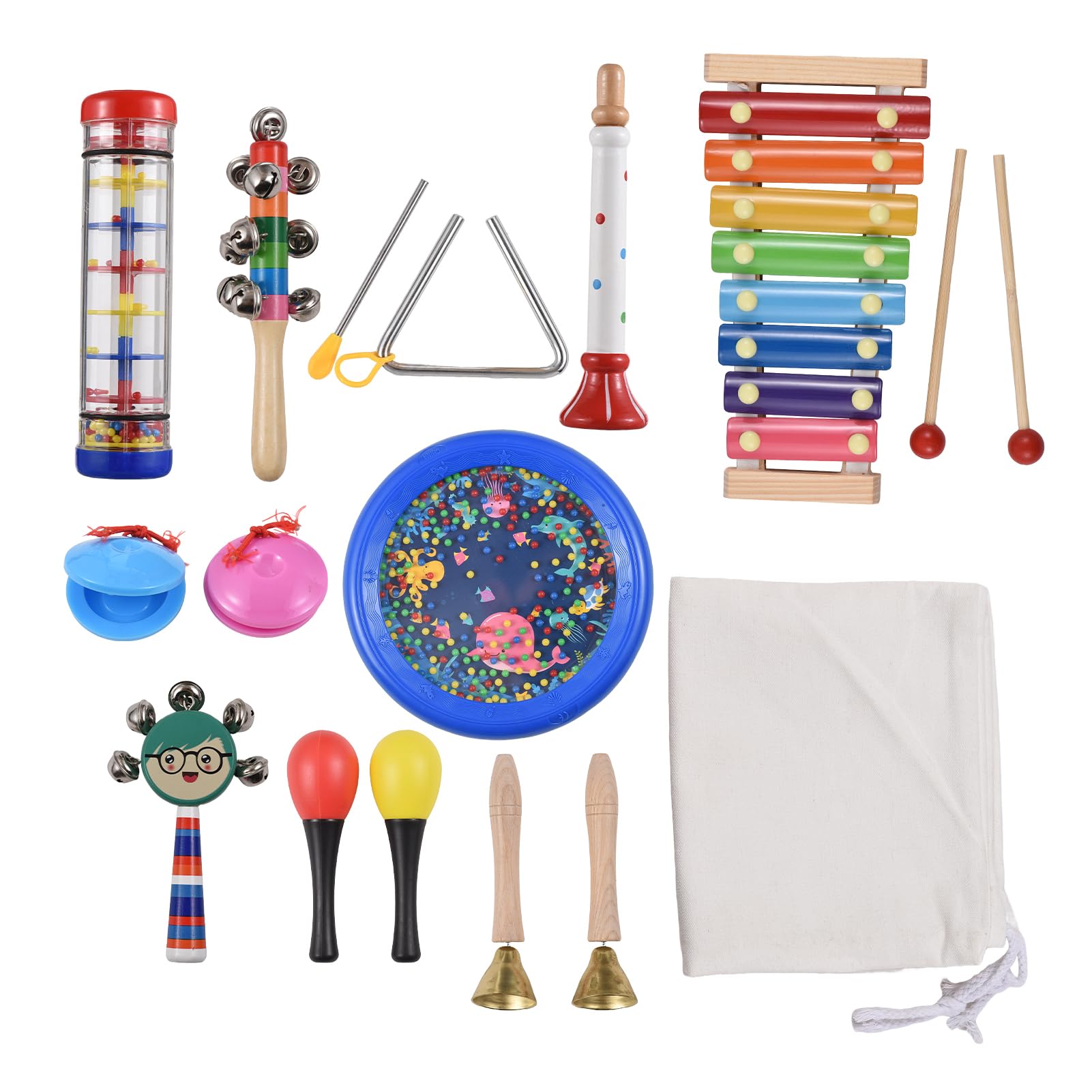 Lot de 14 instruments de percussion en bois interactifs musicaux interactifs œil-main développement anniversaire océan tambour 8 tons Xylophone Pluie Sound Tube de rangement