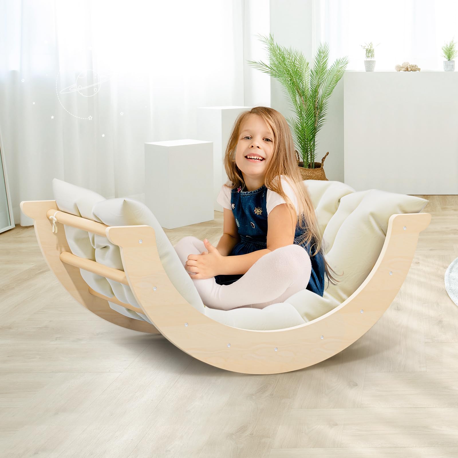 nmoiww Struttura da Arrampicata per Bambini 3 in 1, Scala da Arrampicata in Legno per Bambini con Cuscino Accogliente, Palestra da Gioco Montessori per Interni (Colore Naturale)
