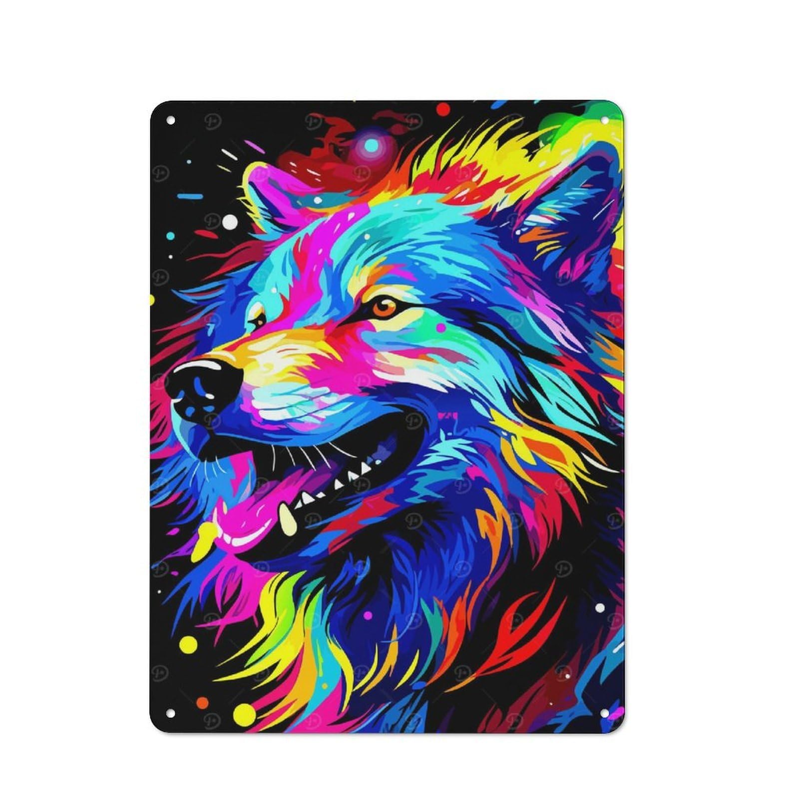 Junmoney Colorful Wolf Portrait On Black Background Creative Metal Wall Decor 40X30cm, Metal Desk Wall Sign For Hobby Room, Office, Lounge Or Living Room