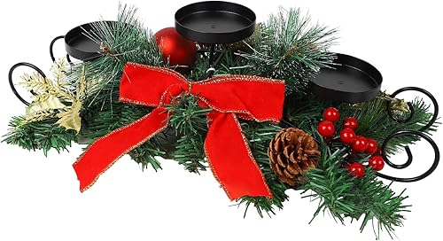 Miniatura 2 de MorTime Centro de mesa de Navidad con lazo rojo, bayas, piñas, centro de mesa con base de acero para decoración navideña
