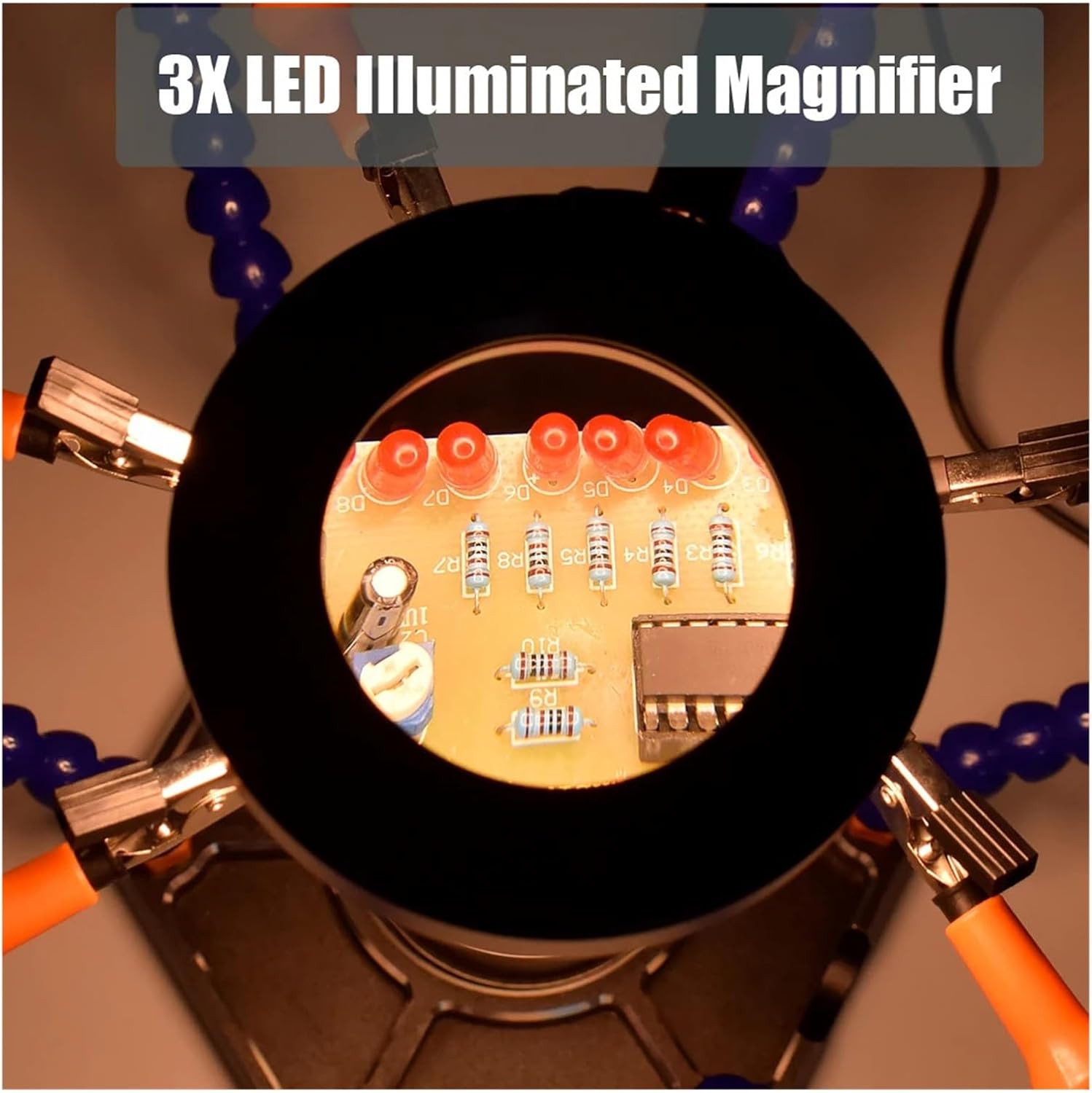 Soldering Third Hand Tool 3X L/E/D Magnifying Glass Welding PCB Board Soldering Iron Head Cleaning Ball Soldering(6LUSB-BK2)