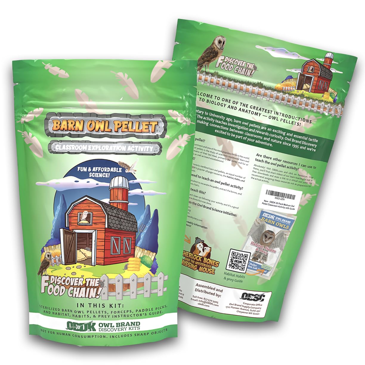 OBDK Barn Owl Pellets for Dissection - 20 Pack Medium Sized (1.5"-2.0") with Tools, Guide and Charts from Owl Brand Discovery Kits
