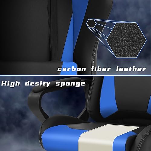 Miniatura 6 de Silla de juegos azul  Silla de escritorio ergonómica con respaldo alto estilo carreras con soporte lumbar, reposacabezas y brazos - Silla de