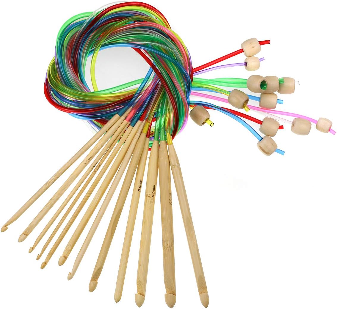 KOKNIT Set of 12 Size Tunisian Afghan Crochet Hook Set with Plastic Cable Carbonized Bamboo Knitting Needles Weaving Carpet Rugs Blanket 3.0mm(D)-10.0mm(N)