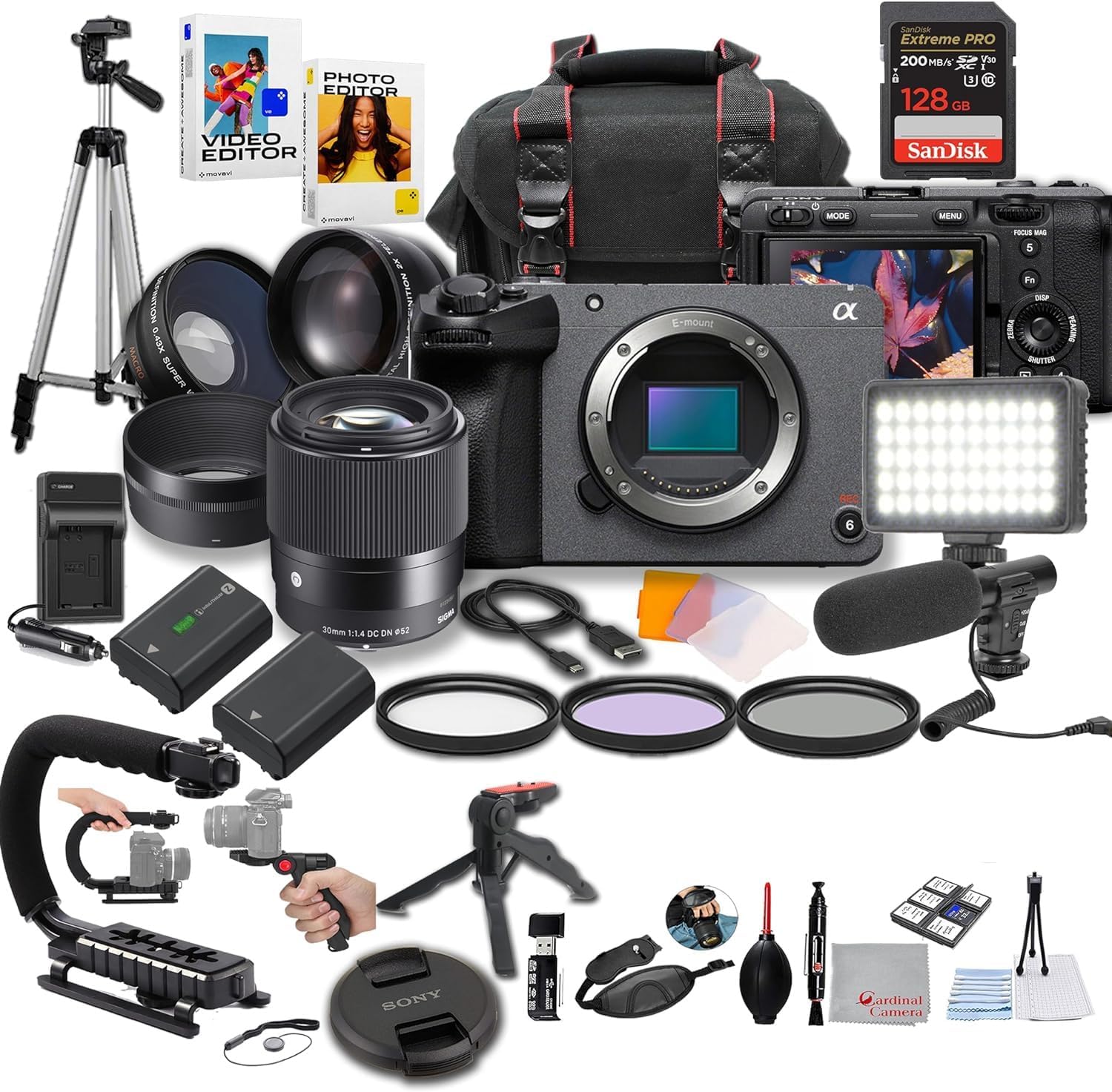 Sony FX30 Digital Cinema Camera with Sigma 30mm f/1.4 DC DN Lens, LED Light, Microphone, 128GB Extreme Speed, U Grip, Filters, Tripod, Case, Software and More, Video Bundle