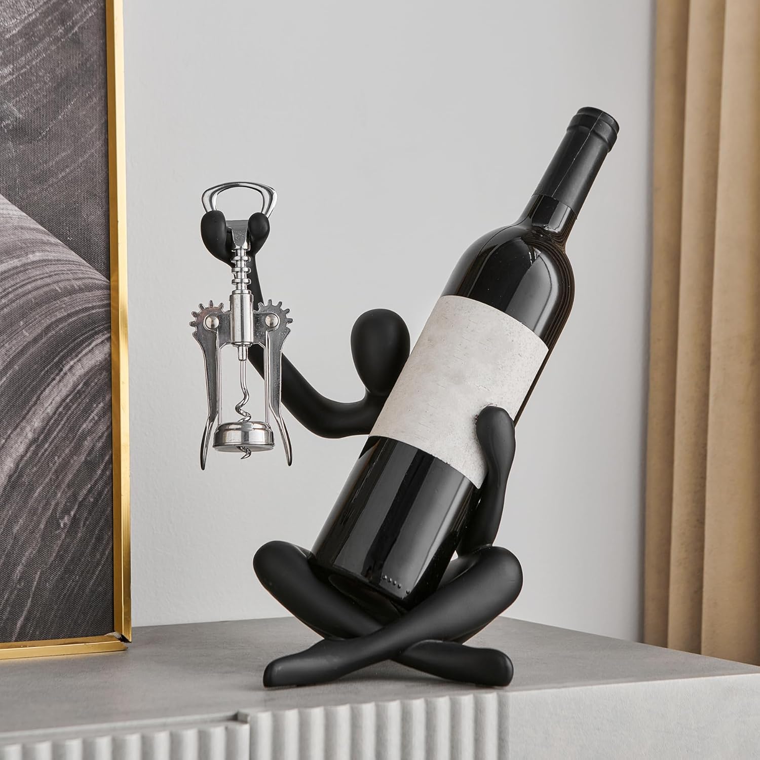 Thinker Statue Wine Rack, Black Modern Rack for Kitchen Table Decor, Single Wine Bottle Holder Countertop for Bar, Small Bottle Holder Rack
