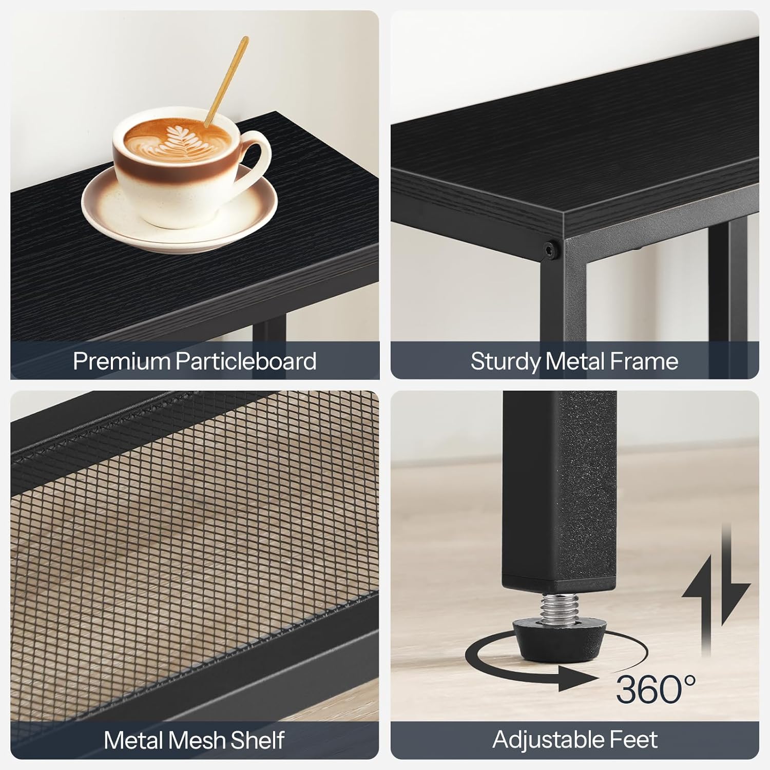 HOOBRO Narrow Console Table, Sofa Table, 4-Tier Industrial Entryway Table with Metal Mesh Shelf, Hallway Table with Adjustable Feet, for Entryway, Living Room, Hallway, Black BB79XG01