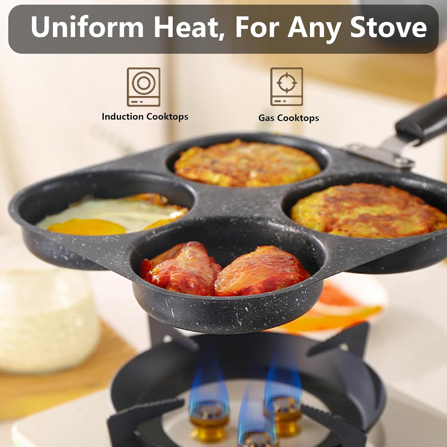 Egg Pan Nonstick, 4-Cup Egg Frying Pan Breakfast Skillet for Eggs and Pancakes, Suitable for Gas Stove & Induction Cookware (4-Round)