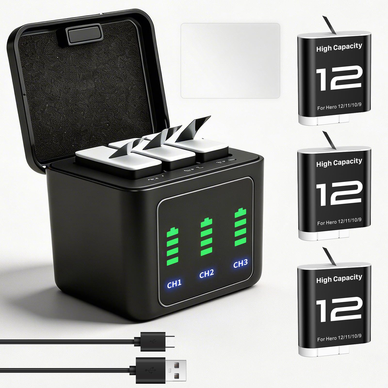 3-Stück Hero 12 Akku Ladegerät Kit 2580mAh, Type-C LED Dreikanal Ladestation + Displayschutzfolie, kompatibel mit GoPro Hero12/11/10/9 Black Enduro (3 Akkus + Ladegerät + Displayschutzfolie)