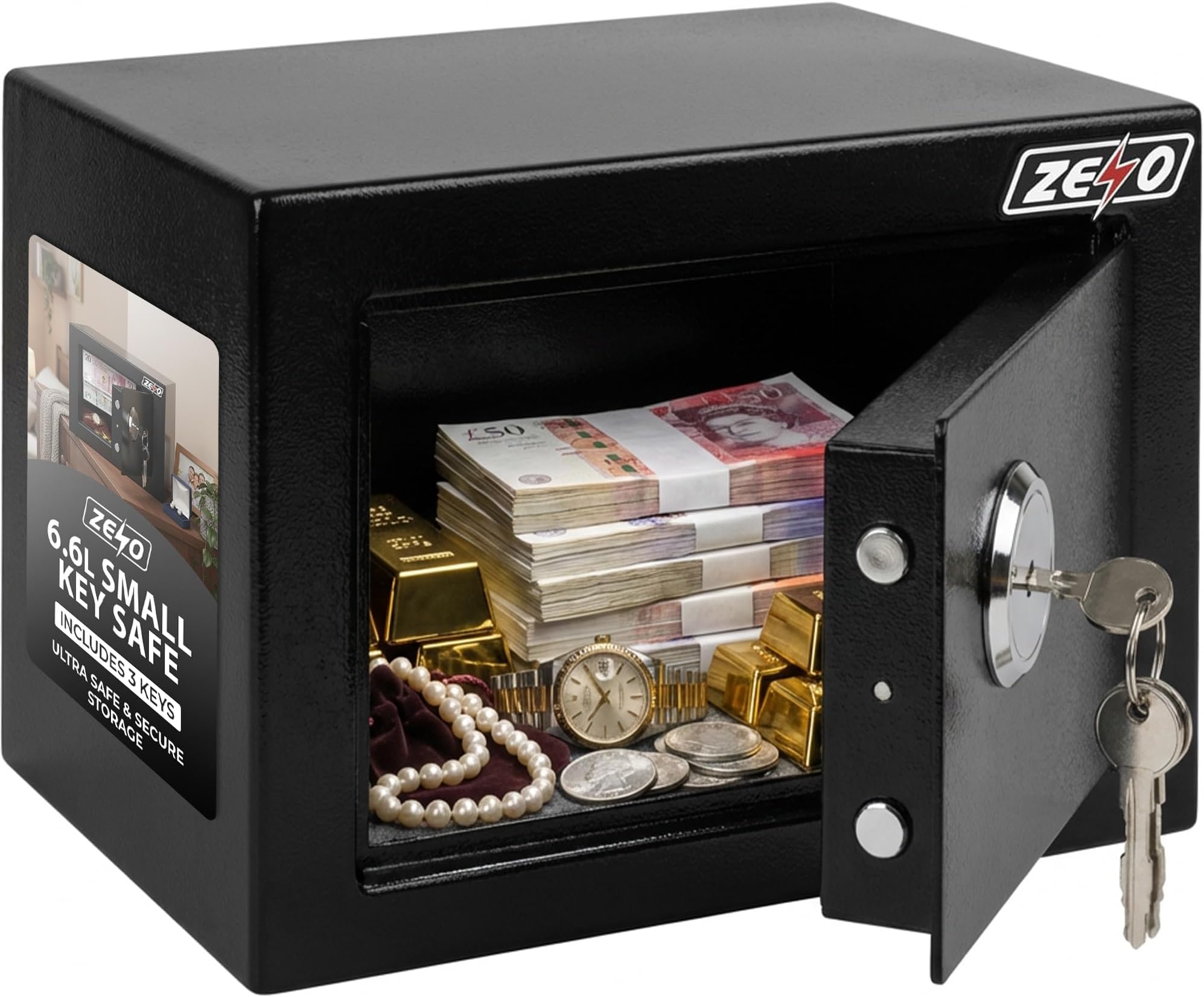 ZENO Safe Box 6.6L | Small Home Security Box For Office Use | Steel Lock Money Storage Vault With Keys | Mini Valuables Lock Box For Cash Jewellery Documents | Compact Steel Unit Includes 3 Keys