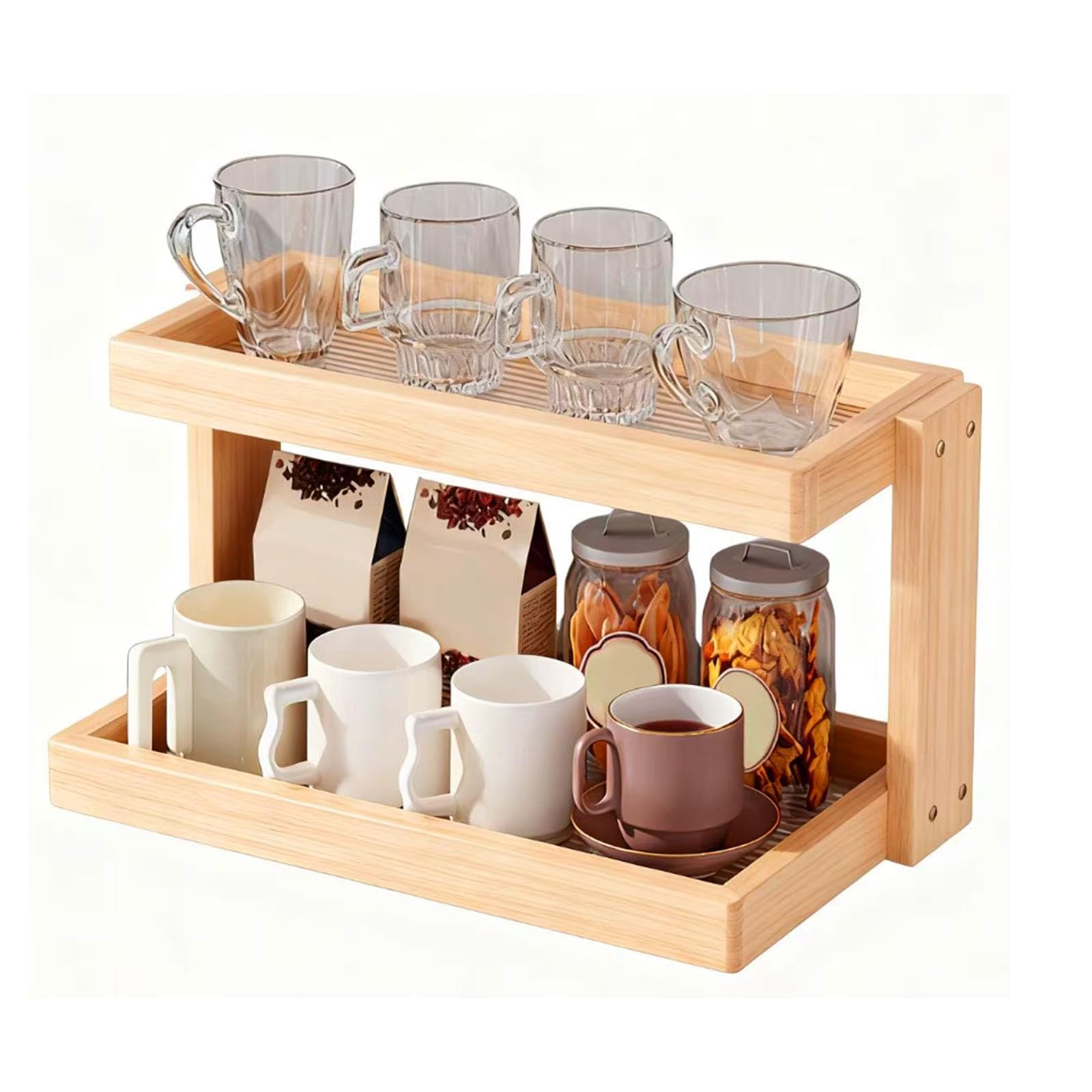 Uck-Kit Walnut Coffee Station Organizer, Wooden Mug Holder Countertop, Kitchen Counter Shelf For Tea Coffee Bar Accessories, Matcha Stand, Cup Display, Condiment Storage Rack,,2*Tier