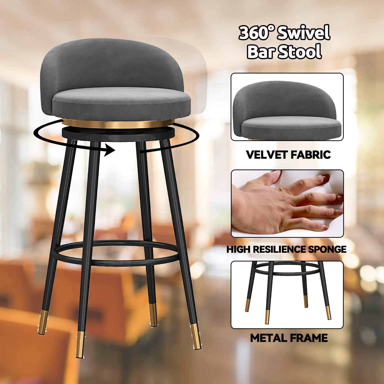Moderno taburete de terciopelo con respaldo giratorio de 360° para isla de cocina, cómodo y elegante, taburete alto para barra de desayuno o restaurante