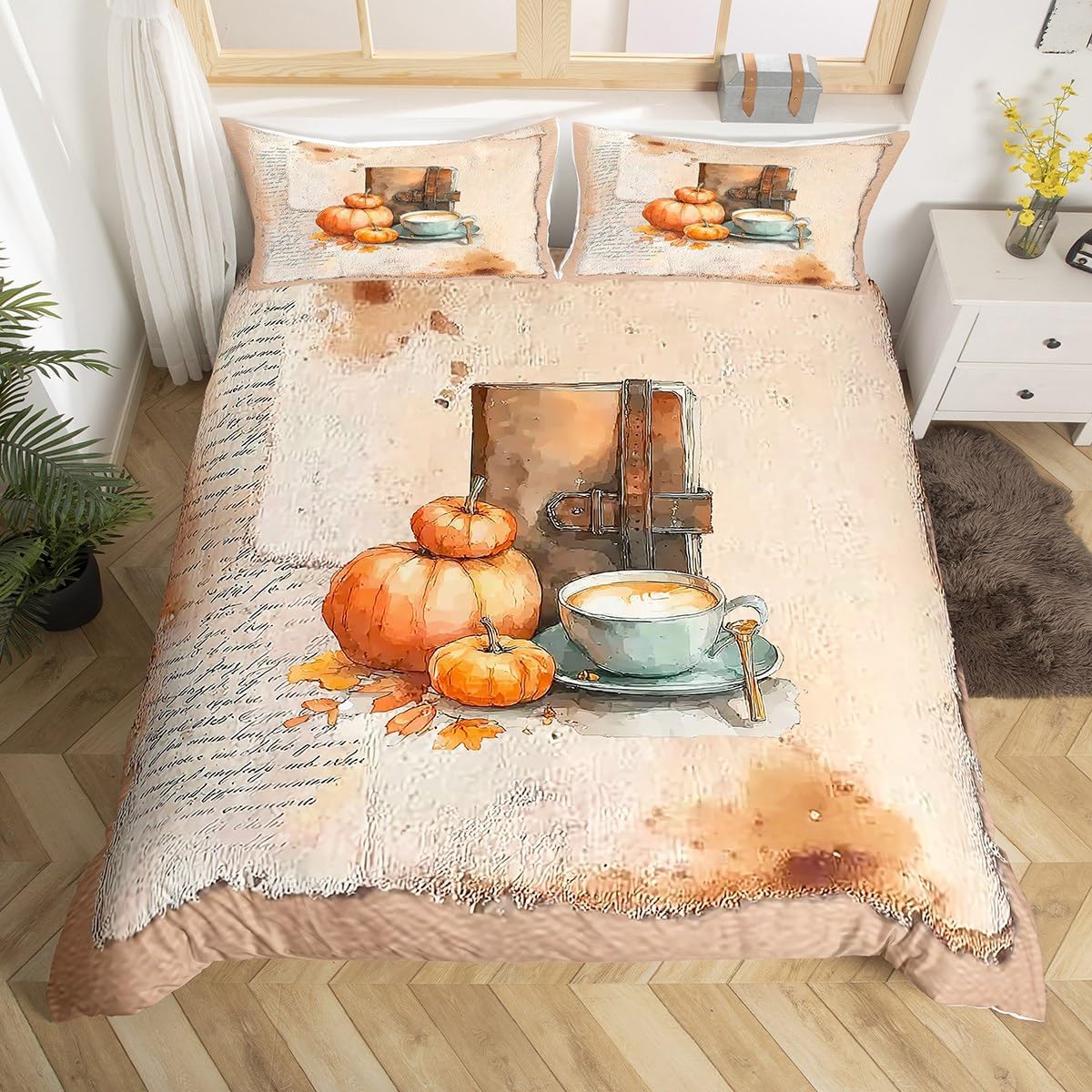 Erosebridal Fall Orange Pumpkin Duvet Cover King Size Autumn Harvest Comforter Cover Vintage Coffee Book Bedding Set Retro Holiday Bed Set