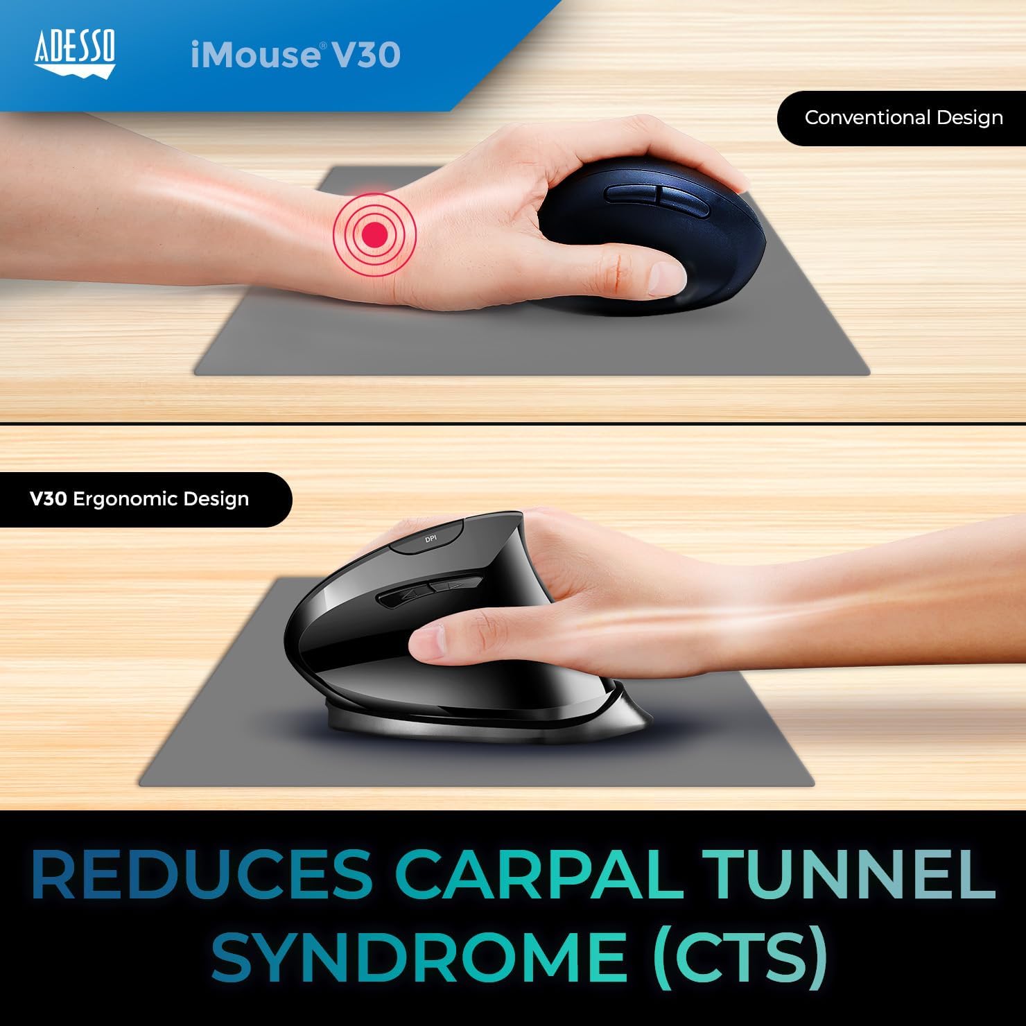 ADESSO iMouse V30 Wireless Adjustable Vertical Ergonomic Mouse with Customizable Angles and DPI Switch - Advanced Optical Sensor Technology, Reduces Wrist Strain, 2.4GHz USB Receiver, TAA-Compliant