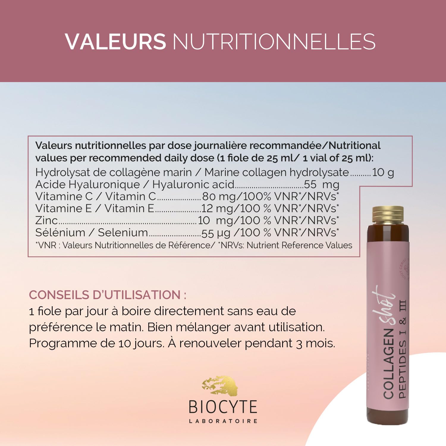 BIOCYTE Collagen Shot – Hidrata, rellena las arrugas, tonifica la piel – Complemento alimenticio de colágeno marino, ácido hialurónico, vitamina C y E, zinc – 1 vial al día – Programa 10 días
