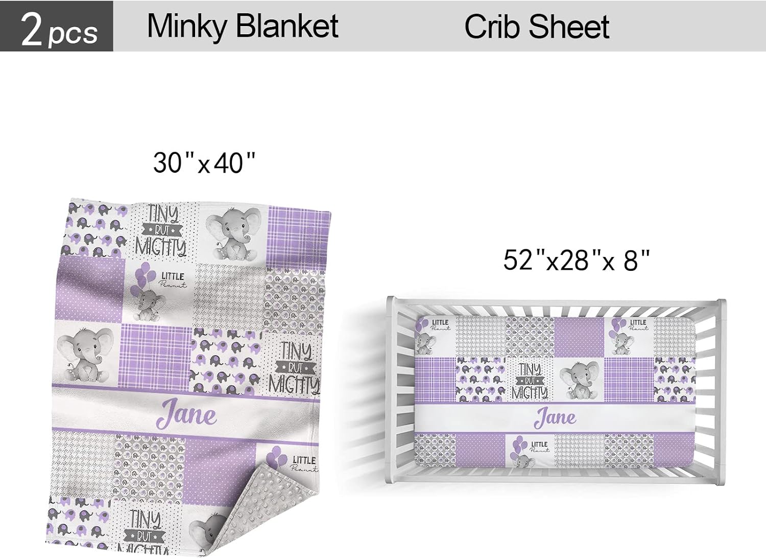 Custom Baby Crib Bedding Sets for Girls, Personalized Boys Set with Name, Nursery Bedding, 2 Piece Sets, Name Comforter, Fitted Sheets (Elephant), Elephant Purple