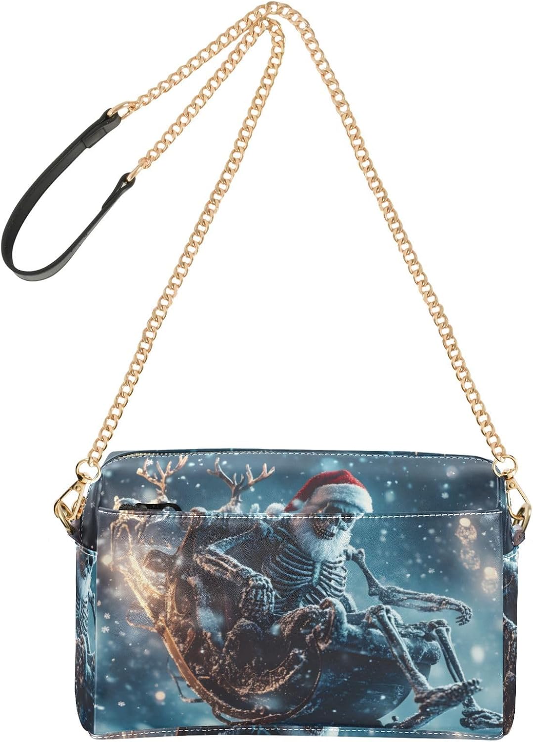 Skeleton Christmas Santa Women's PU Leather Crossbody Bag Shoulder Handbag Cellphone Purse with Metal Chain Strap Water Resistant Zipper Closure