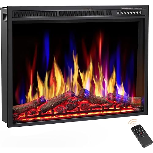 Joy Pebble 34 Inch Electric Fireplace Insert,750W/1500W Recessed Electric Fireplace Heater,Adjustable 5 Flame Color & 5 Burning logs Color,Electric Fireplace with Remote Control&Overheat Protection