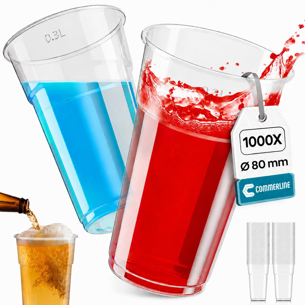 Commerline Vasos de plástico transparente de 0,3 l, 1000 unidades, vasos de plástico, vasos para fiestas, vasos de plástico de polipropileno (PP), vasos de agua, vasos de dispensación
