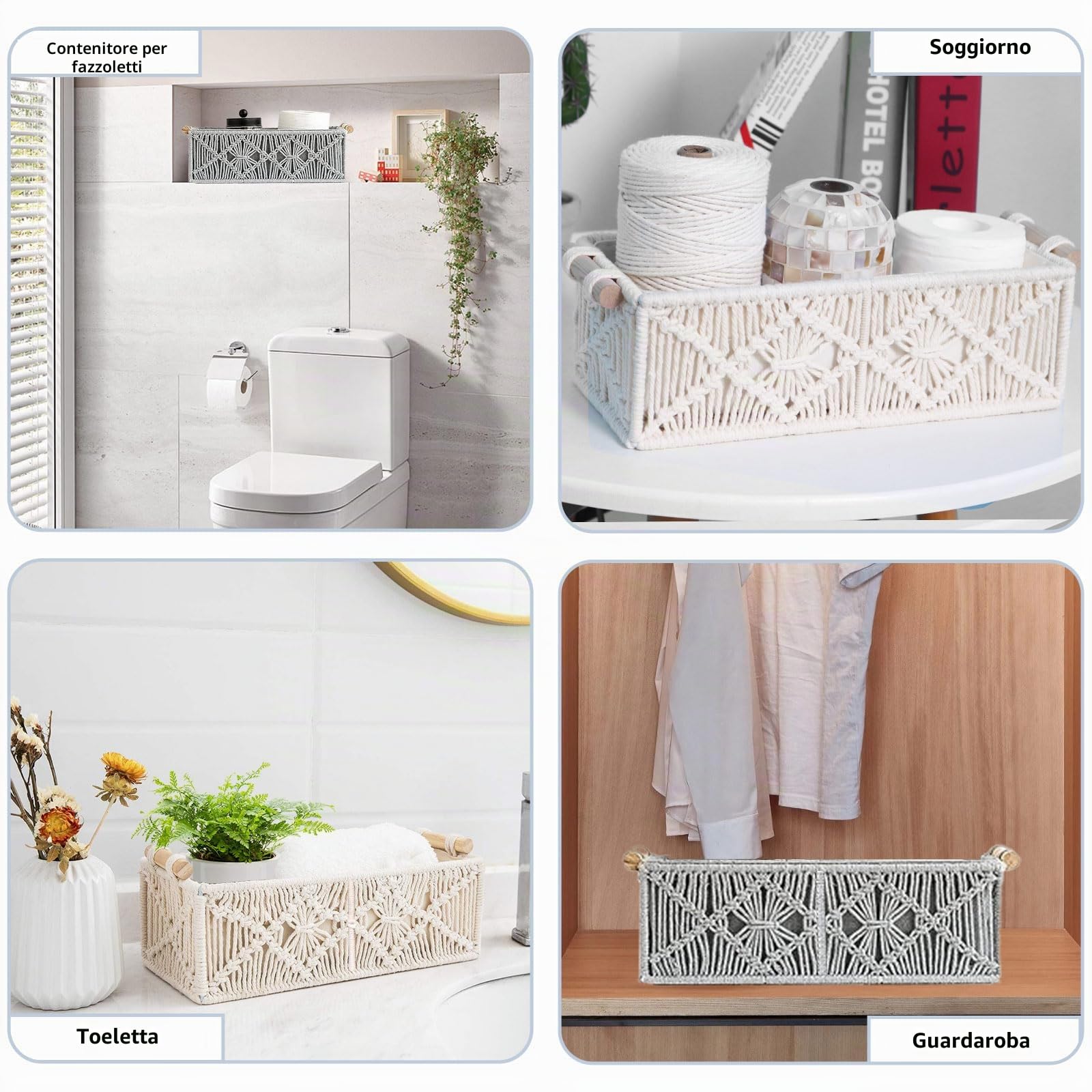 Set di 2 Cestini Portaoggetti Intrecciati, Stile Bohémien, Cestino Portaoggetti in Corda di Cotone Fatti a Mano, Può Essere Usato Come Piccolo Cestino Decorativo, Cesto Portaoggetti (Bianco)