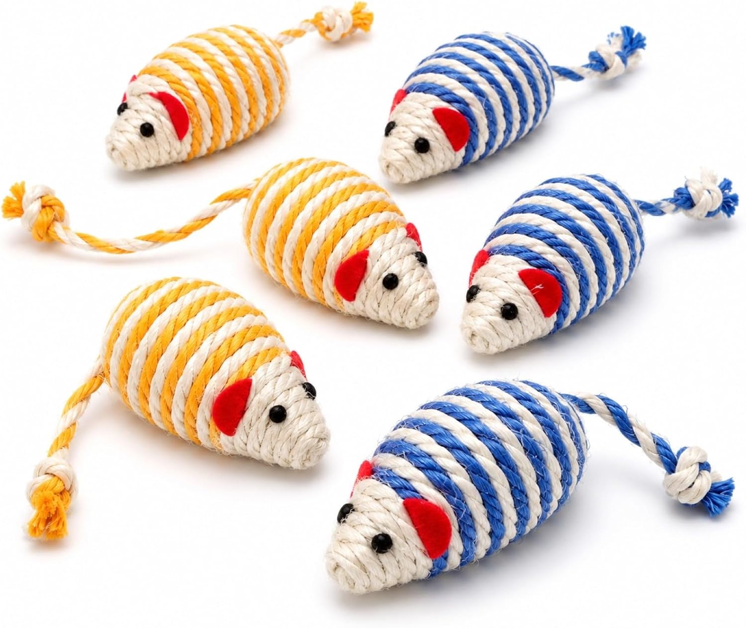LOGOFUN 6PCS Catnip Mouse Plush Cat Toys Sisal Mice Set - Blue & Yellow | Catnip Plush Mice With Sisal Rope Texture Support Batting, Chasing, Indoor Play, Kitten Activity, And Pet Enrichment