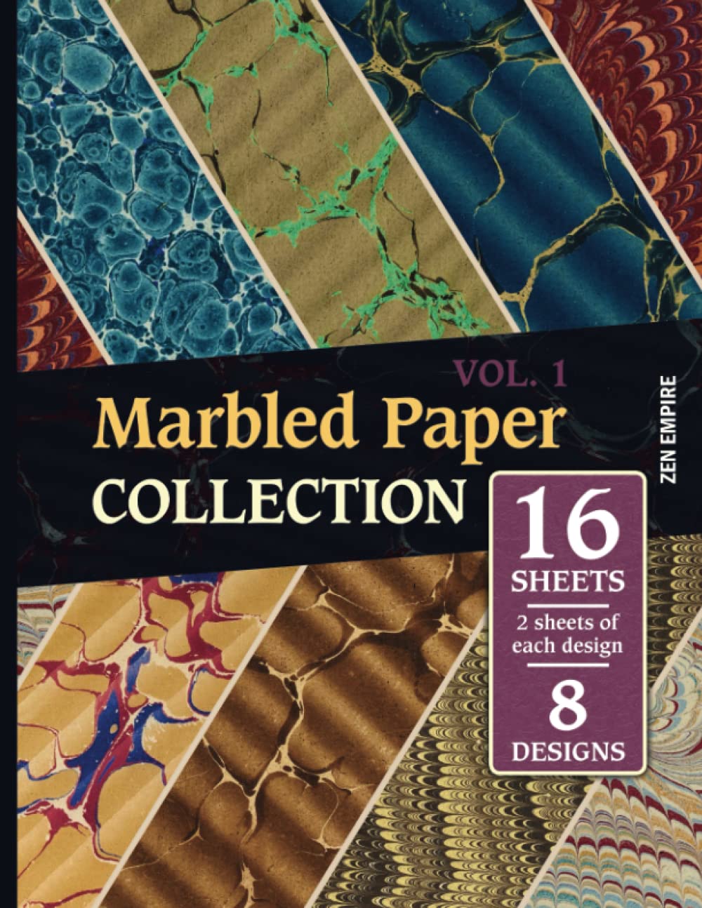 Marbled Paper Collection: 16 Sheets of Vintage Marbled Paper for Bookbinding and Other Crafts | 8 Designs - 2 Sheets (4 Pages) per Design | Patterned Craft Paper Sheets