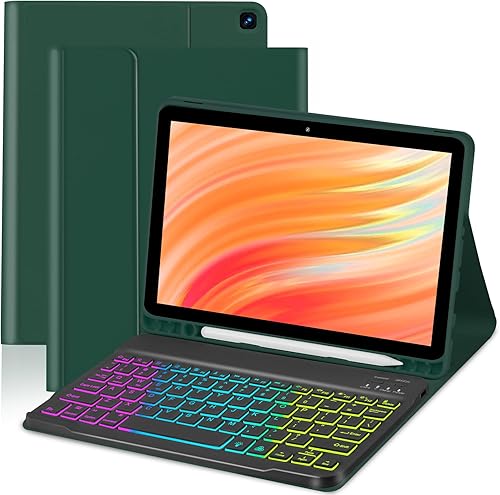 Tablet Case with Keyboard for Amazon Kindle Fire HD 10&10 Plus 11/13th Gen 10.1 inch,7 Color Rainbow Backlit Detachable Keyboard Magnetic Cover with Pen Slot HD 10 2021&2023 Black+Black