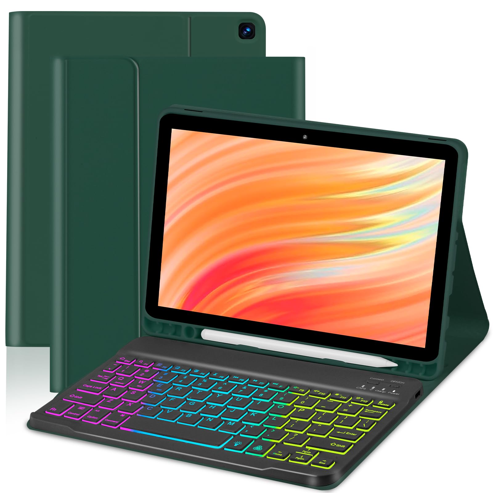 EAMPANG Tablet Case with Keyboard for Amazon Kindle Fire HD 10&10 Plus 11/13th Gen 10.1 inch,7 Color Rainbow Backlit Detachable Keyboard Magnetic Cover with Pen Slot HD 10 2021&2023 Dark Green+Black