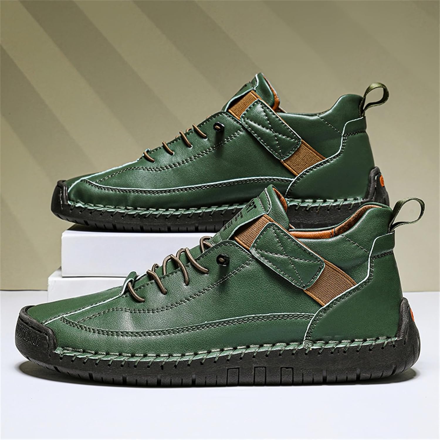 Women's Retro Leather Slip-On High Top Ankle Boots with Adjustable Elastic Band Hand-Stitched Lace-Up Detailing Comfort Flat Heel Loafers Shoes for Casual Outdoor Hiking Walking
