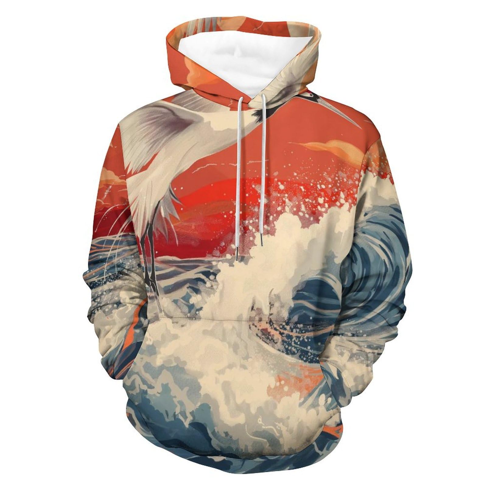 Pullover manches longues oiseau blanc et vagues au design artistique unique - 8