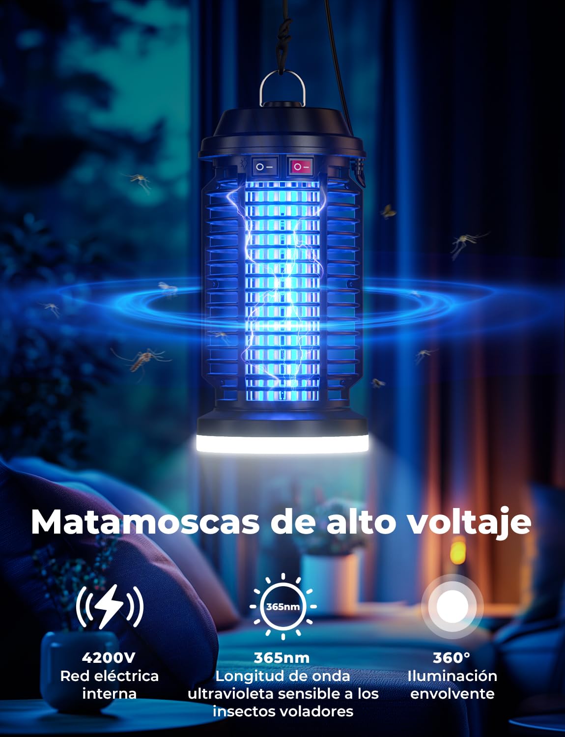 YISSVIC Elektrische Mückenlampe, elektrisch, 4200 V + 15 W, UV-Lampe, IPX4, wasserdicht, für Innen- und Außenbereich