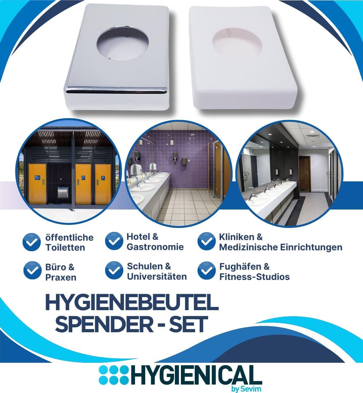 PE-Hygienebeutel Set mit Kunststoffspender, Hygienebeutelspender für Damenbinden und Tampons, hygienisch und diskret, in Weiß und Chrom (Weiß)