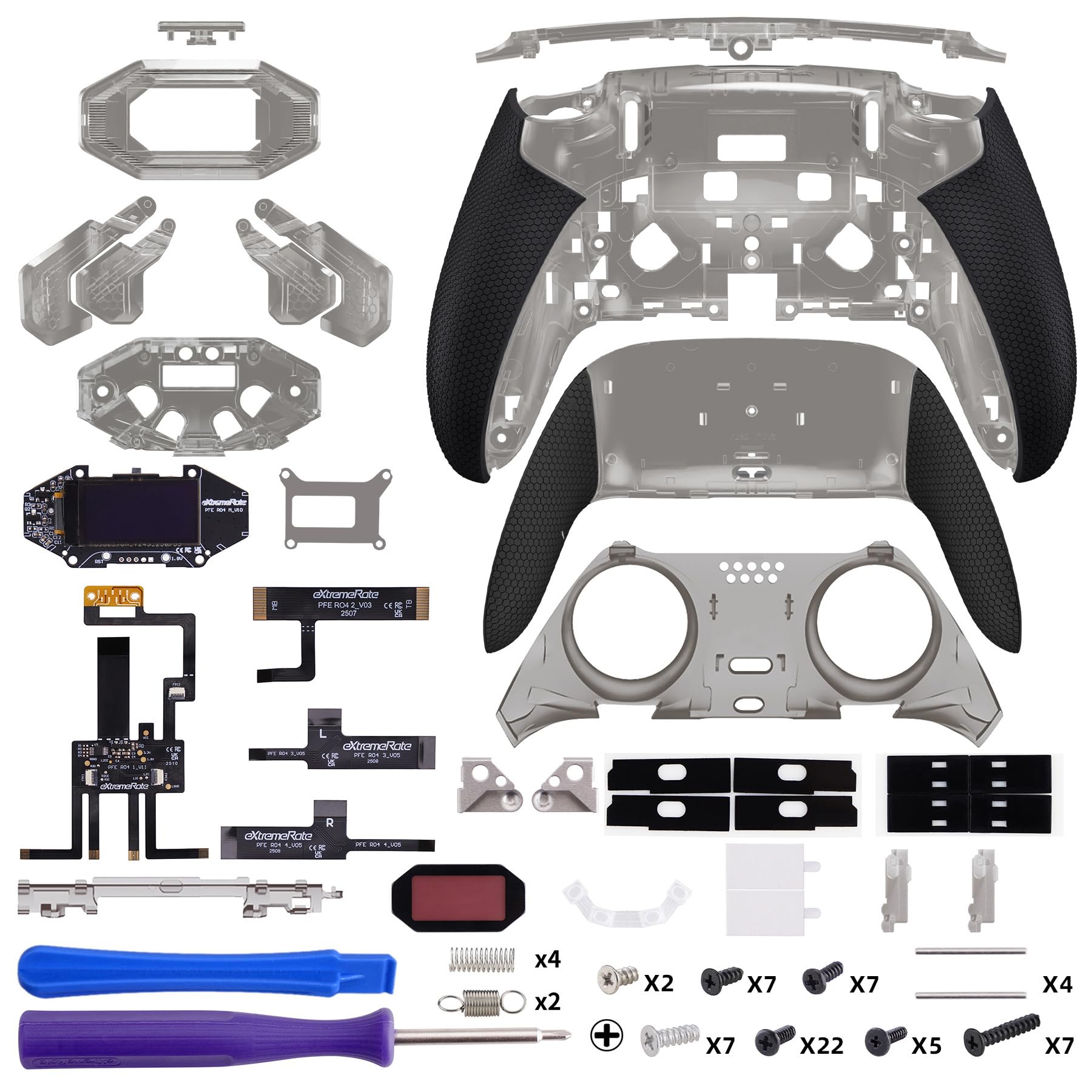 eXtremeRate BEYOND Paddle Rimappabili per ps5 Edge Controller, Display OLED, Cover Grip Ergonomici, 4 Tasti Posteriori Palette Remap Kit Accessori per ps5 Edge Joystick, Trasparente Nero&Nero
