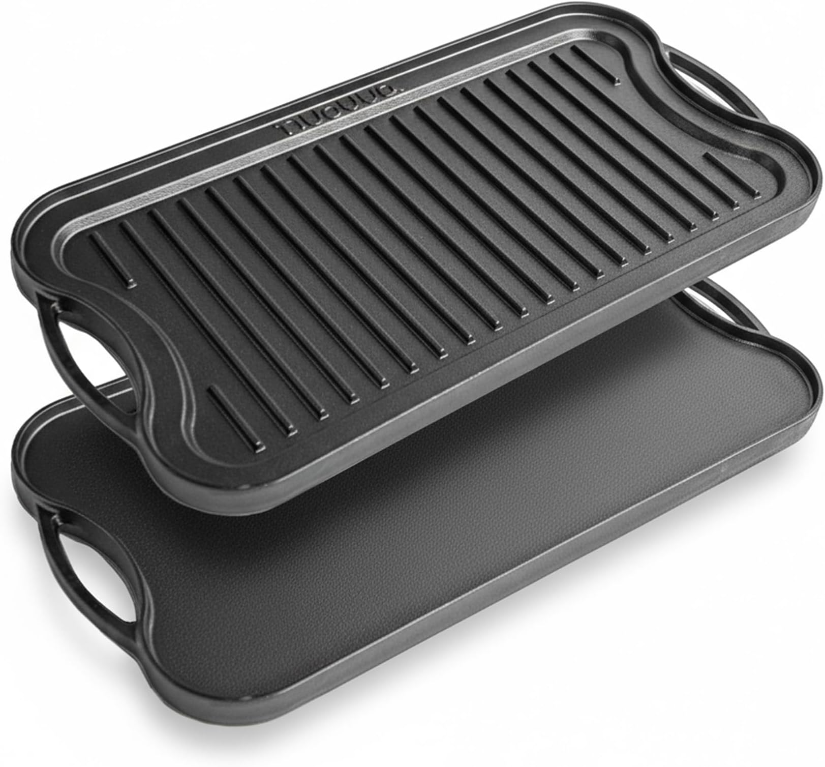 nuovva Cast Iron Griddle Pan for Gas Hob and BBQ Griddle pan Double Sided Pre-Seasoned, Grill Tray, for Healthy and Delicious Cooking, Flat and Ridged Surfaces 50 x 25cm