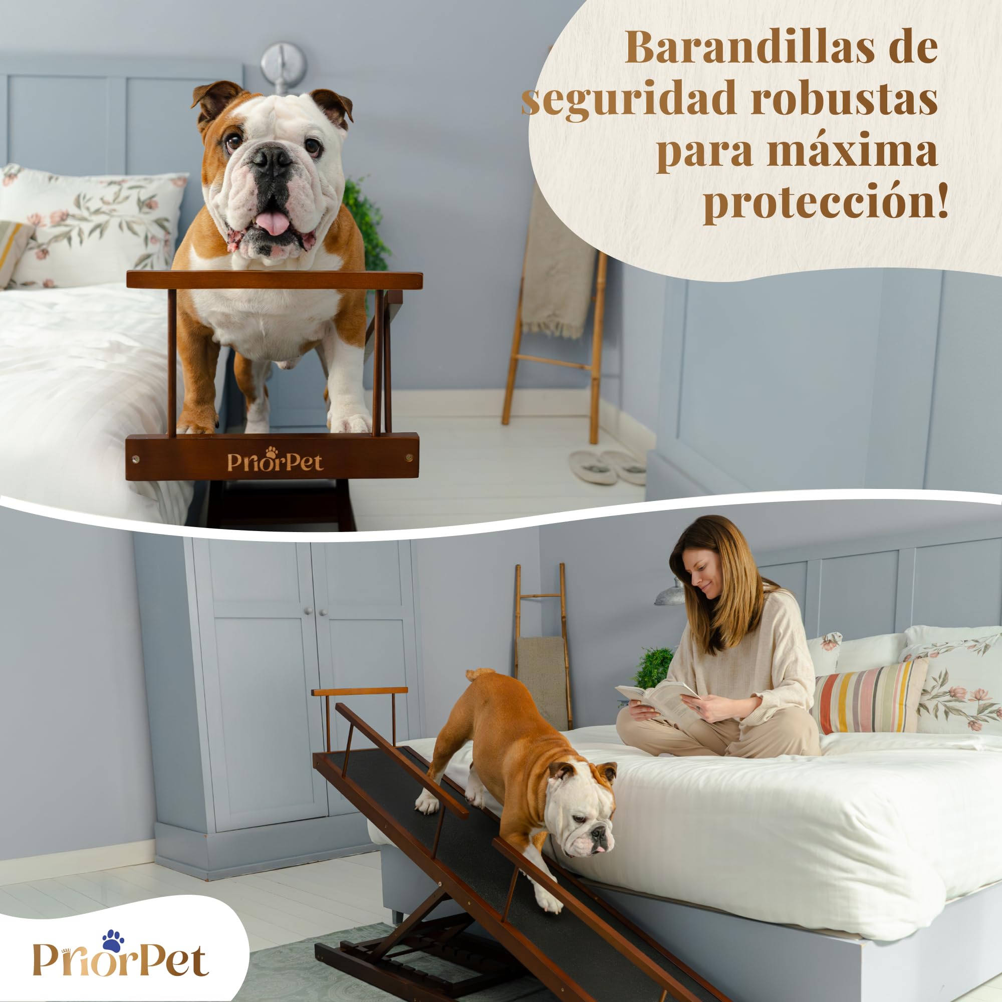 Rampa para Perros para Cama con Rieles de Seguridad PRIORPET - Madera de Abedul - Ajustable - para Camas Altas de hasta 94.5 cm - Plegable - Agarre Antideslizante - para Perros de hasta 23kg - Nuez