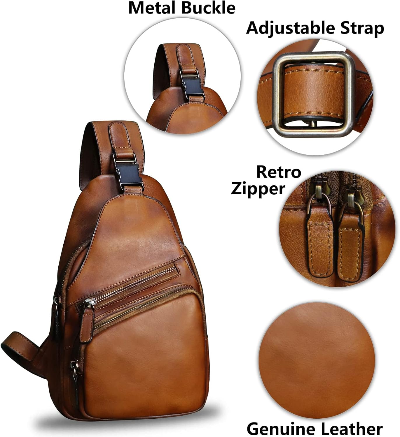 Genuine Leather Sling Bag Crossbody Purse Handmade Hiking Daypack Motorcycle Bag Retro Shoulder Backpack Vintage Chest Bag (Brown) - Image 6