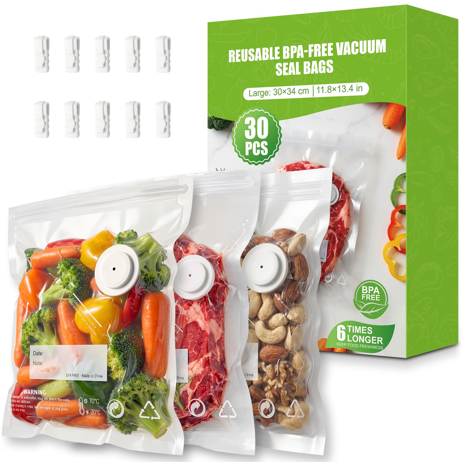 Babacom 30 Pezzi Sacchetti Sottovuoto Alimenti Riutilizzabili con Valvola d'Aria e 10 Clip di Chiusura (L:30x34cm), Senza BPA, Buste Sottovuoto Alimenti per Congelatore/Cottura Sous Vide/Conservazione - 1