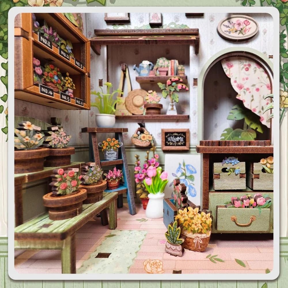 Figured'Art Book Nook Florist aus den Feldern – 3D-Modellbausatz aus Holz zum Bauen mit LED – Dekoration Bibliothek für Erwachsene – 199 Teile