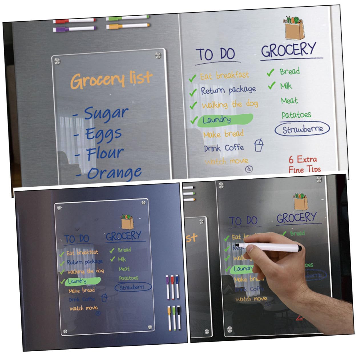 Magnetische Abwischbare Acryl Notiztafel A3 A4 Transparent mit 6 Whiteboard Markern Kühlschrank Planer für Haushalt Büro Schule