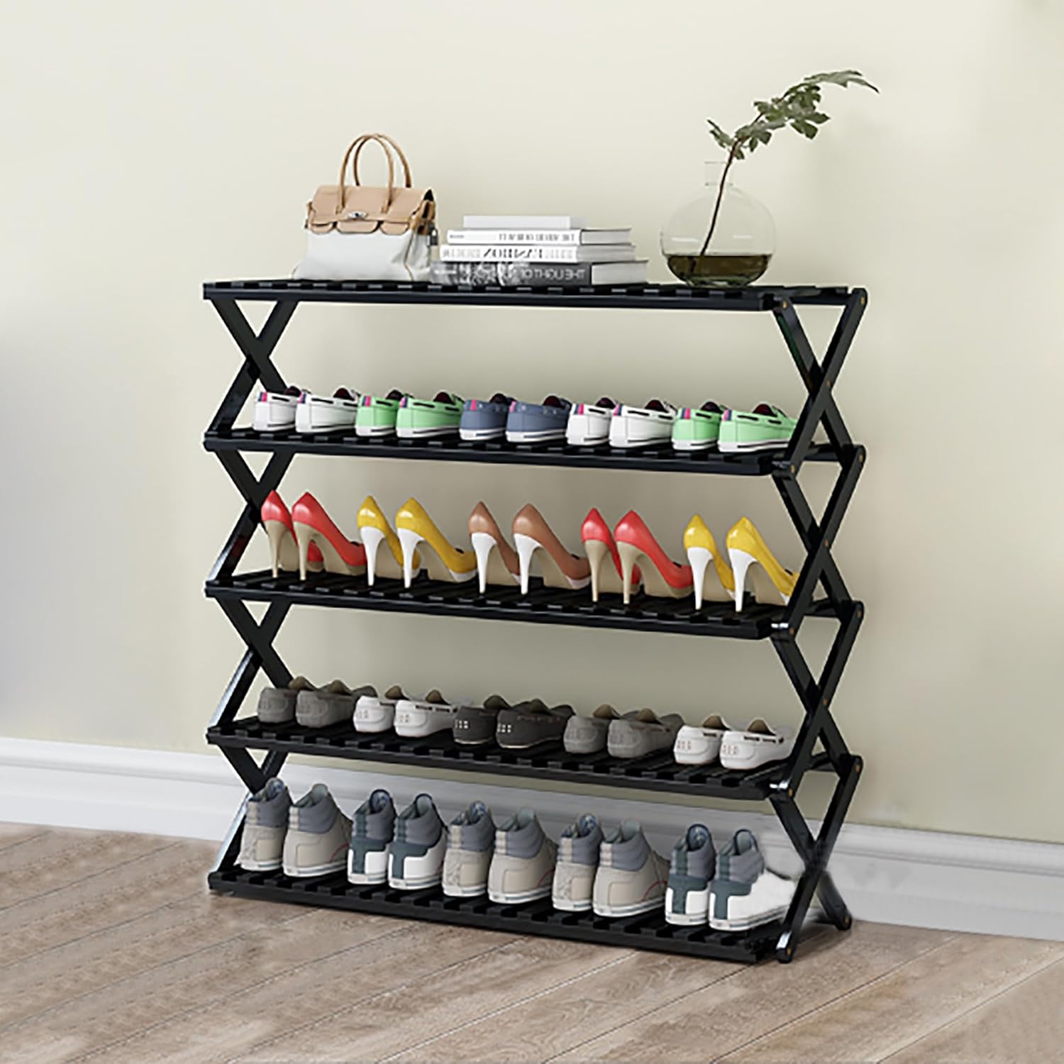 Foldable Bamboo Shoe Rack - Multi-Layer Storage nizer for Hallway, Living Room, Balcony & Kitchen - Simple, Space-Saving Design (Black, Versatile Size)