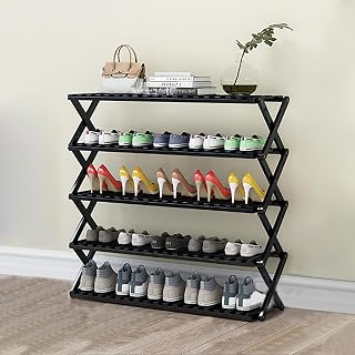 Zapatero plegable de bambú multicapa para sala de estar, balcón, porche, color negro