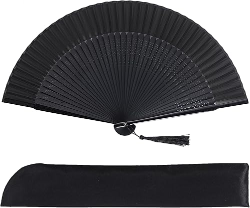 SUMERSHA Ventilador de mano pequeño de seda de bambú plegable de mano con borla de 8.27 pulgadas, ventilador negro oscuro vintage para decoración