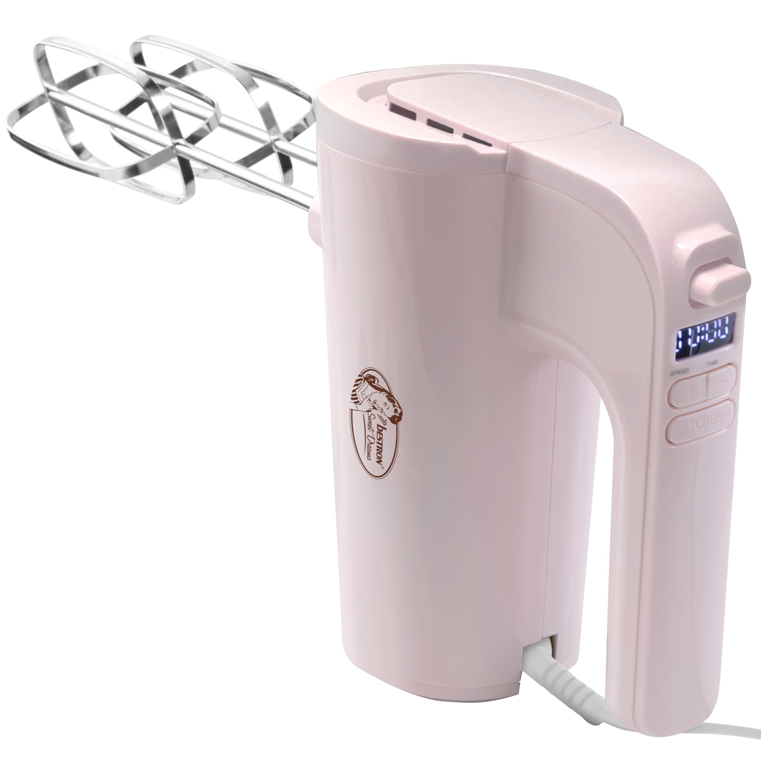 Bestron - Batidora eléctrica para cocina, batidora de mano potente con 6 velocidades, función turbo y pantalla LCD, viene con 2 batidores y 2 ganchos amasadores, peso ligero de 1 kg, color: rosa