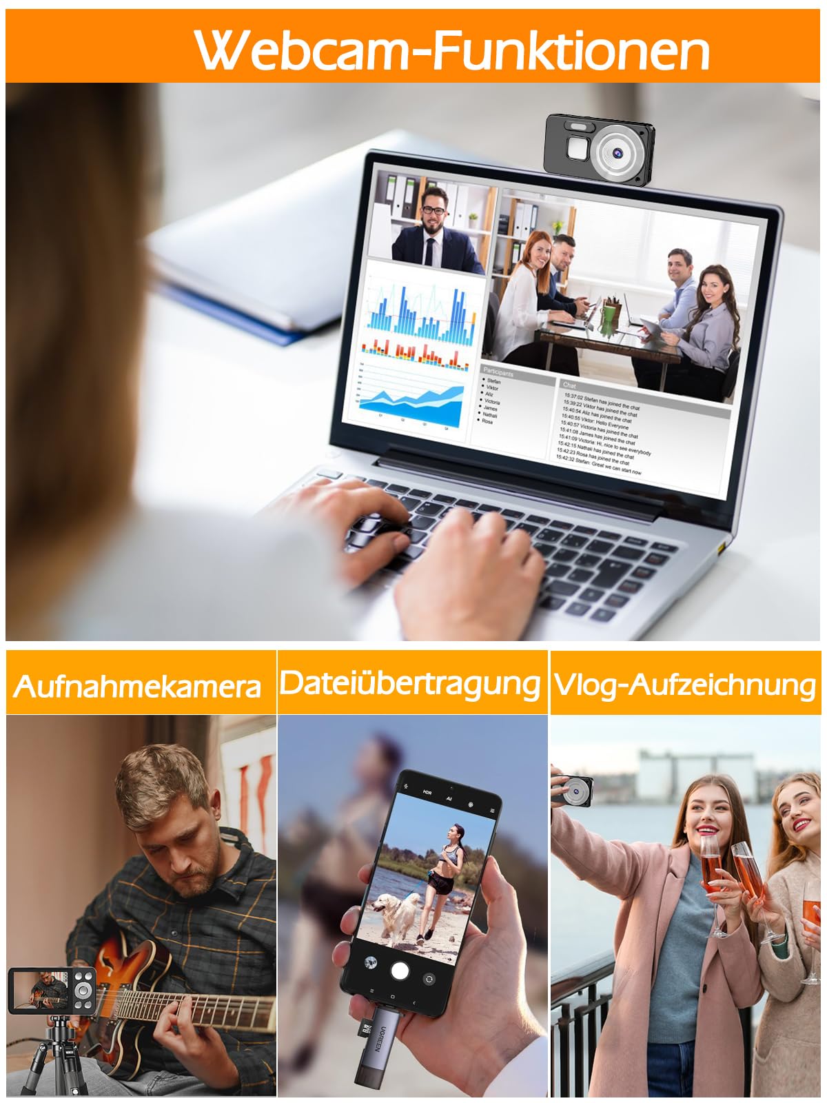4K Digitalkamera, 64MP Autofokus Kompaktkamera, 18-facher Digitalzoom, 2,8" Display, Zeitraffer & Loop-Aufnahme, Webcam, Kompakte Kamera mit 32GB SD-Karte, Ideal für Anfänger & Erwachsene
