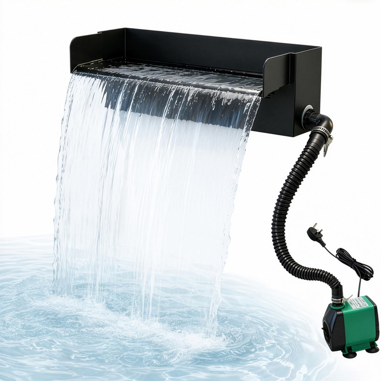 Waterfall Spillway Kit with Pump and & LED Light, 30cm (12") Fountain Box 45W 790 GPH Pond Pump 3000L/H, Filter Bag, Hose, DIY Water Sheet Feature for Garden Pond Stream Patio