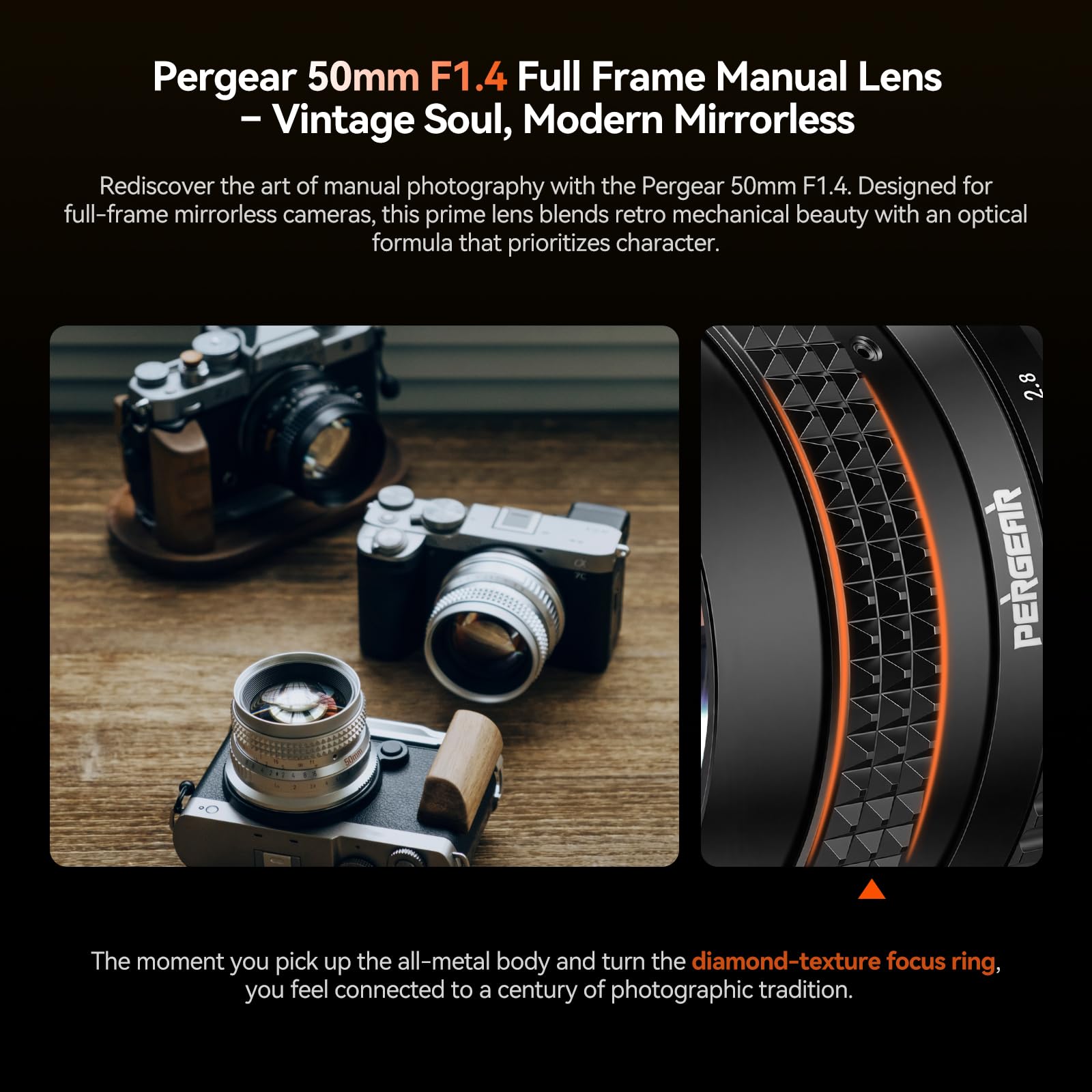 PERGEAR Objetivo de formato completo F1.4 de 50 mm con enfoque manual para cámaras Canon RF | Lente de retrato potente para fotografía similar a una película, ángulo de visión de 46°, compacto y