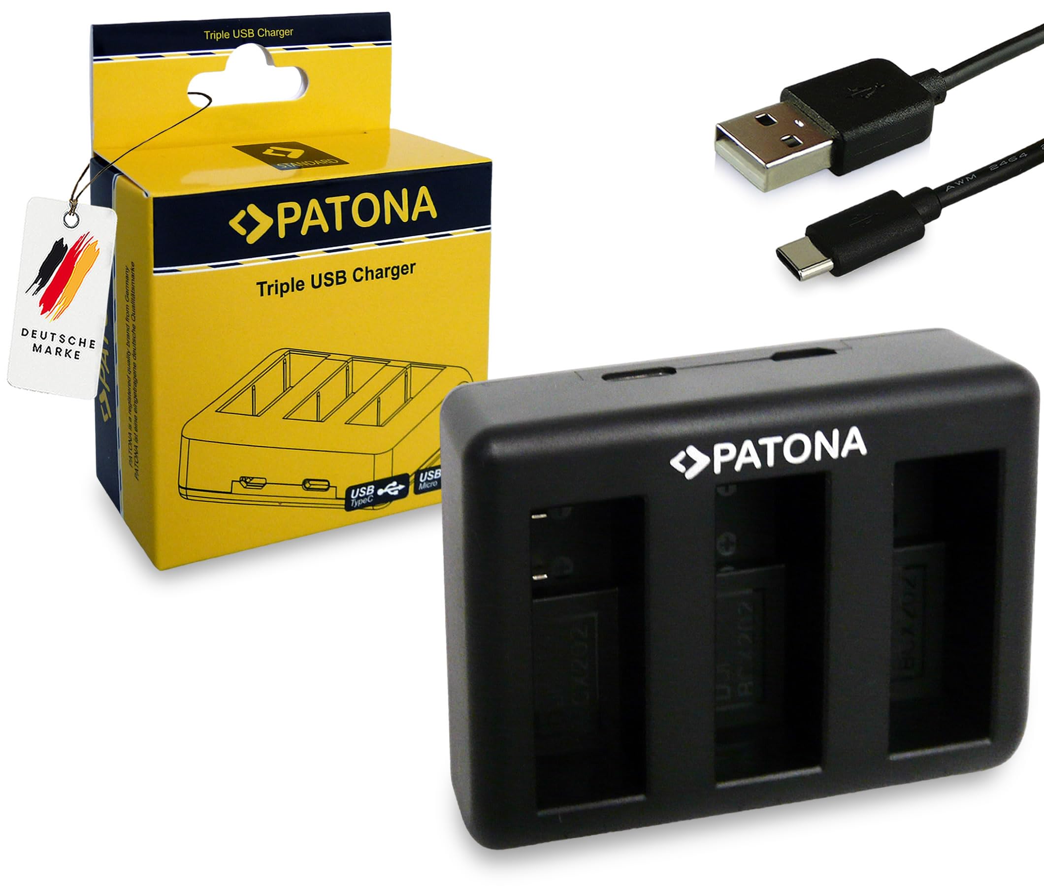 PATONA Potrójna ładowarka USB-C do DJI Osmo Action 3 4 5 6, BCX202 | Kompaktowa ładowarka podróżna (3-Fach) z kablem USB
